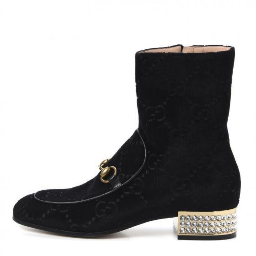 Gucci 'Mister GG' Monogram Velvet Horsebit With Rhinestone Black Boots SZ 37.5 - Picture 1 of 14